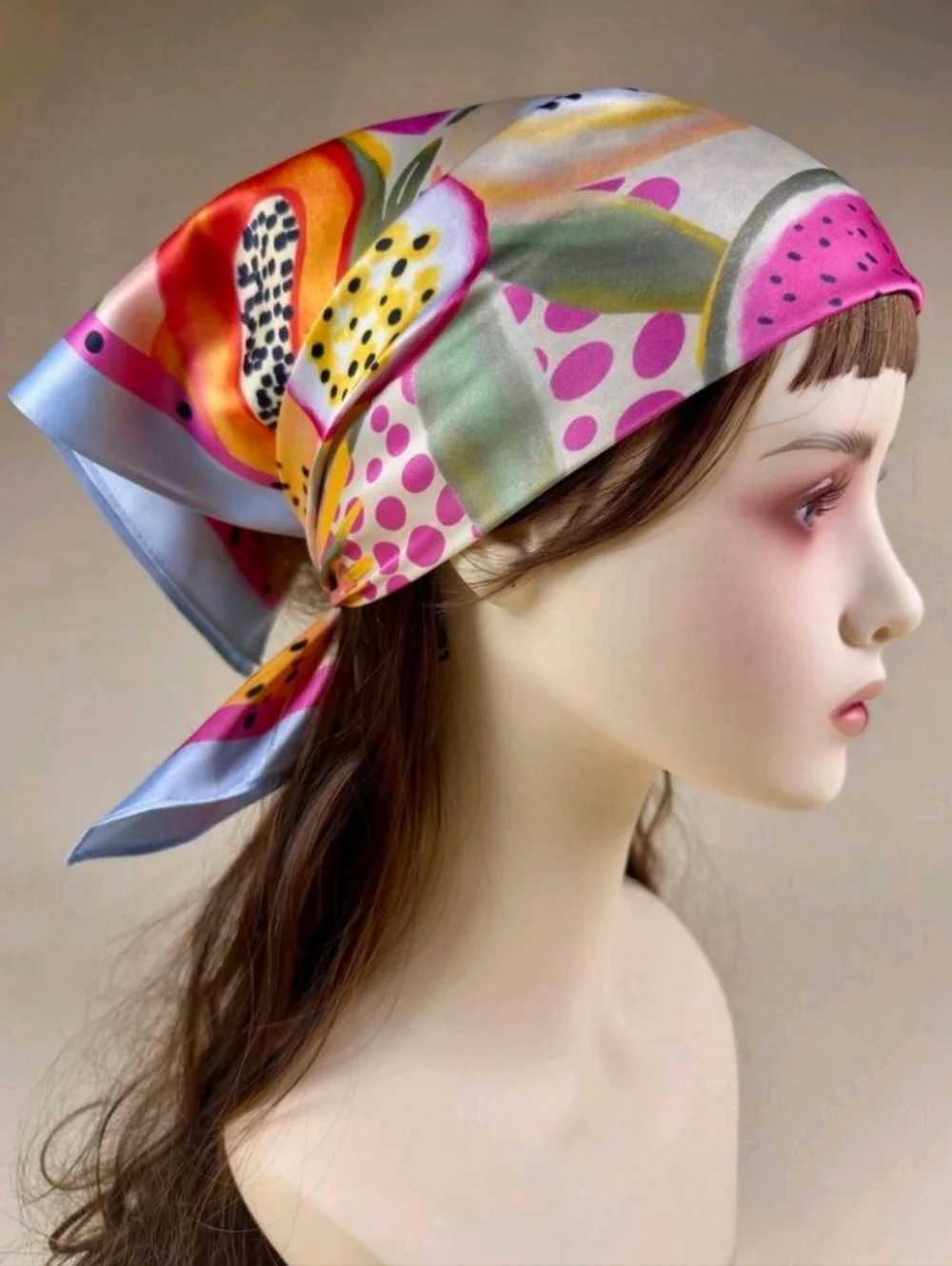 New Tropical Fruits Print Satin Scarf Colorful Pink Blue Green Summer Festival
